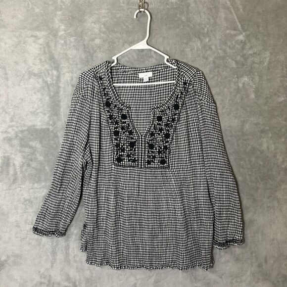 J Jill Top 2X Black White Checks V Neck 3/4 Sleeves Plus Tunic Cottagecore - Picture 2 of 9